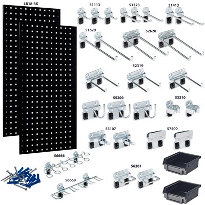 Triton Products LocBoard Pegboards with 30 pc. LocHook Assortment and Hanging Bin System (LB18-BKKit)