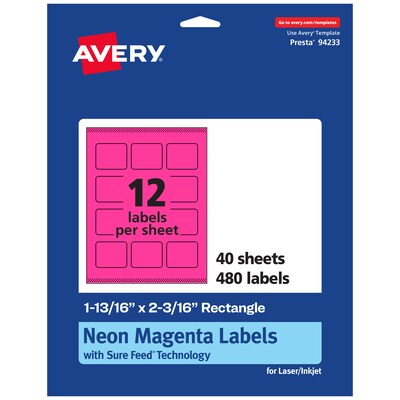 Avery Rectangle Laser/Inkjet Multipurpose Labels, 1-13/16 x 2-3/16, Neon Magenta (480/Box)