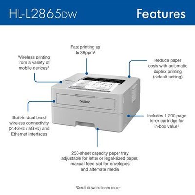 Brother HL-L2865DW Wireless Black & White Print Only Laser Printer, Best for Home Office (HLL2865DW)