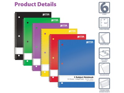 Better Office 3-Subject Notebooks, 8" x 10.5", College Ruled, 120 Sheets, 6/Pack (25736-6PK)