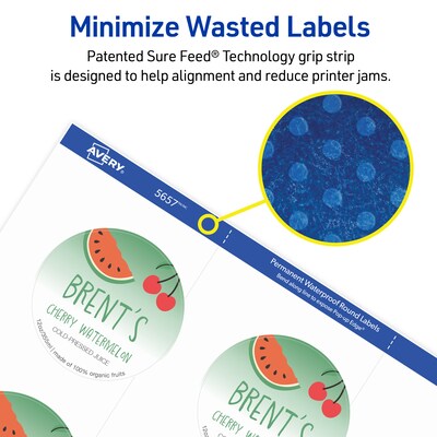 Avery Laser Waterproof Round Labels with Sure Feed, 2 1/2" dia., White, 72 Labels/Pack (5657)