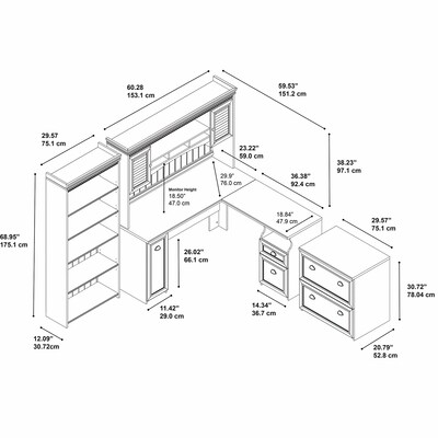 Bush Furniture Fairview 60" W L Shaped Desk with Hutch, Bookcase and Lateral File Cabinet Bundle, Antique White (FV006AW)