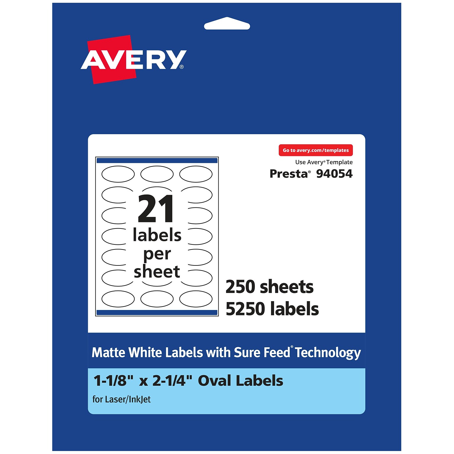 Avery Laser/Inkjet Oval  Multipurpose Labels, 2.25  Dia, Matte White, 5250/Box (94054)