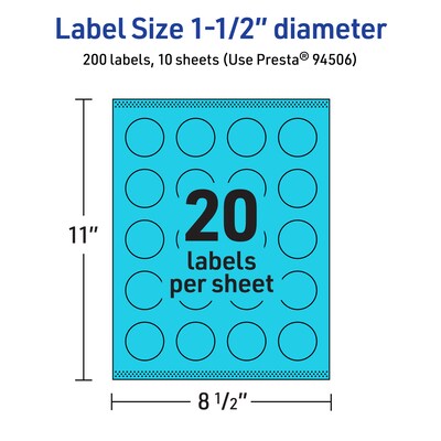 Avery Laser/Inkjet Multipurpose Circle Labels, 1.5" Dia., Bright Blue, 200/Pack (94506)