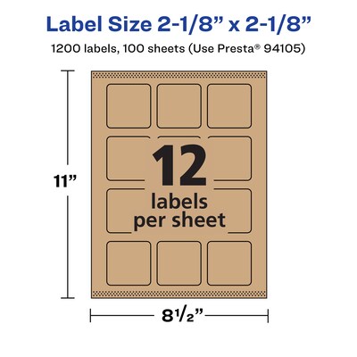 Avery Laser/Inkjet Square Multipurpose Labels, 2-1/8" x 2-1/8", Kraft Brown, 1200 Labels/Box ( 94105)