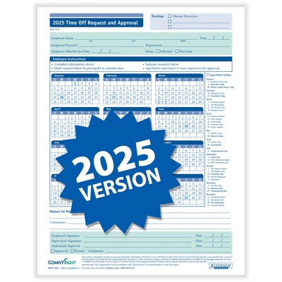 ComplyRight 2025 Time Off Request and Approval Calendar, 50 Forms/Pack (A0037)