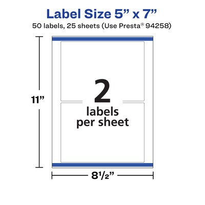Avery Durable Removable Rectangle Multipurpose Labels, 5" x 7", White, 50/Pack (94258)