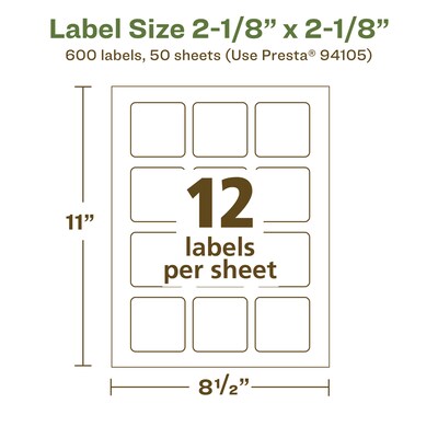 Avery EcoFriendly Laser/Inkjet Square Multipurpose Labels, 2-1/8" x 2-1/8", White, 600/Box (94105)