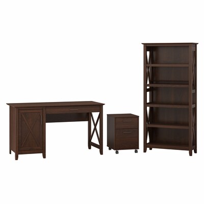 Bush Furniture Key West 54W Computer Desk with Storage, 2 Drawer Mobile File Cabinet, 5 Shelf Bookcase, Bing Cherry (KWS007BC)