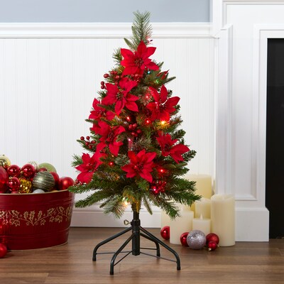 3 Feel RealÂ® Colonial Pencil Slim Hinged Tree with Red Poinsettias, Red Berries & 50 Multi Lights