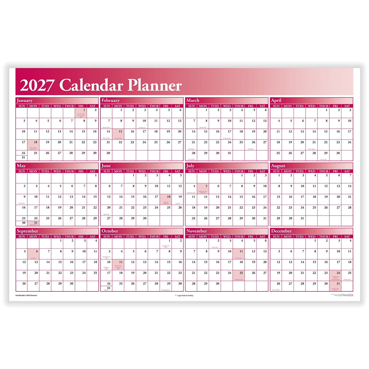 2027 ComplyRight 36 x 24 Yearly Dry Erase Wall Calendar, Reversible, Burgundy (J0056BU)