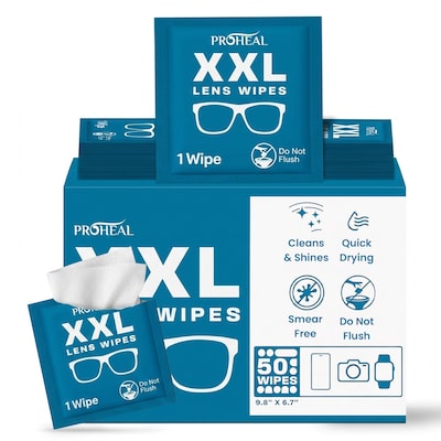 ProHeal XXL Lens Wipes, 9.8 x 6.7 Eye Glasses Cleaner Wipes for Lenses & Display Screens, 50 Count (PH-16003H)