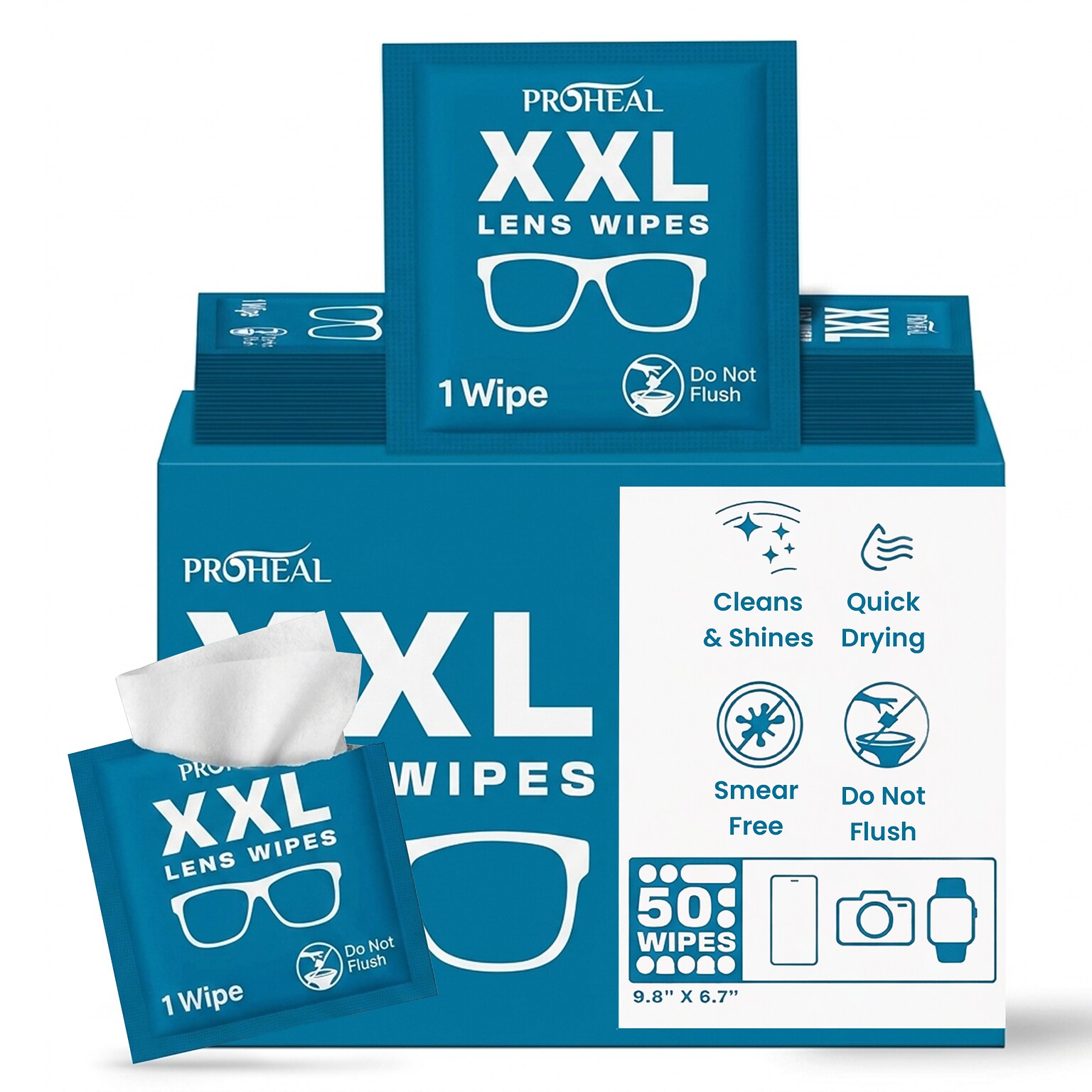 ProHeal XXL Lens Wipes, 9.8 x 6.7 Eye Glasses Cleaner Wipes for Lenses & Display Screens, 50 Count (PH-16003H)