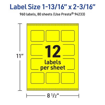 Avery Rectangle Laser/Inkjet Multipurpose Labels, 1-13/16" x 2-3/16", Neon Yellow (960/Box)