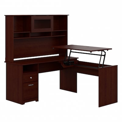 Bush Furniture Cabot 60W 3 Position L Shaped Sit to Stand Desk with Hutch, Harvest Cherry (CAB045HV