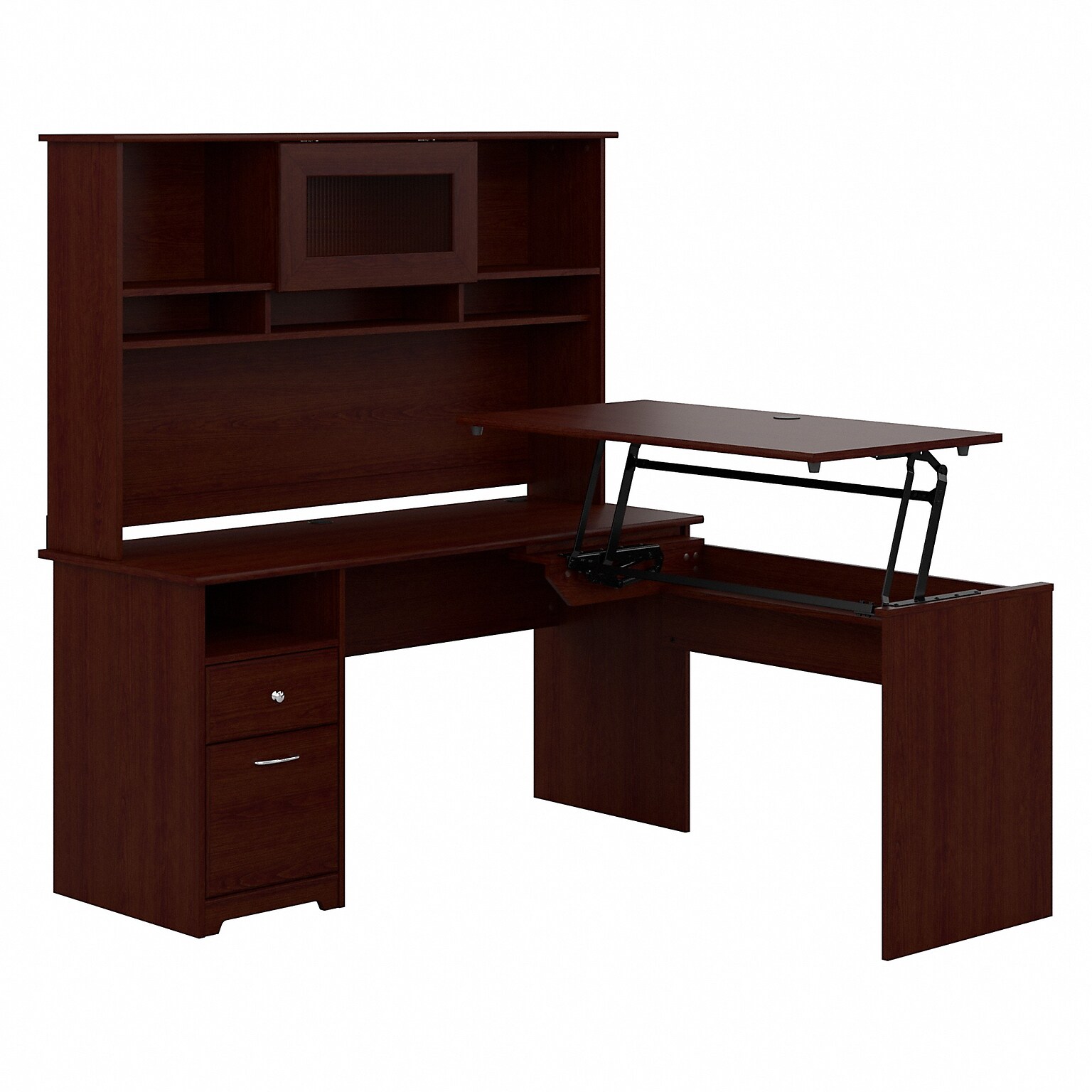 Bush Furniture Cabot 60W 3 Position L Shaped Sit to Stand Desk with Hutch, Harvest Cherry (CAB045HVC)