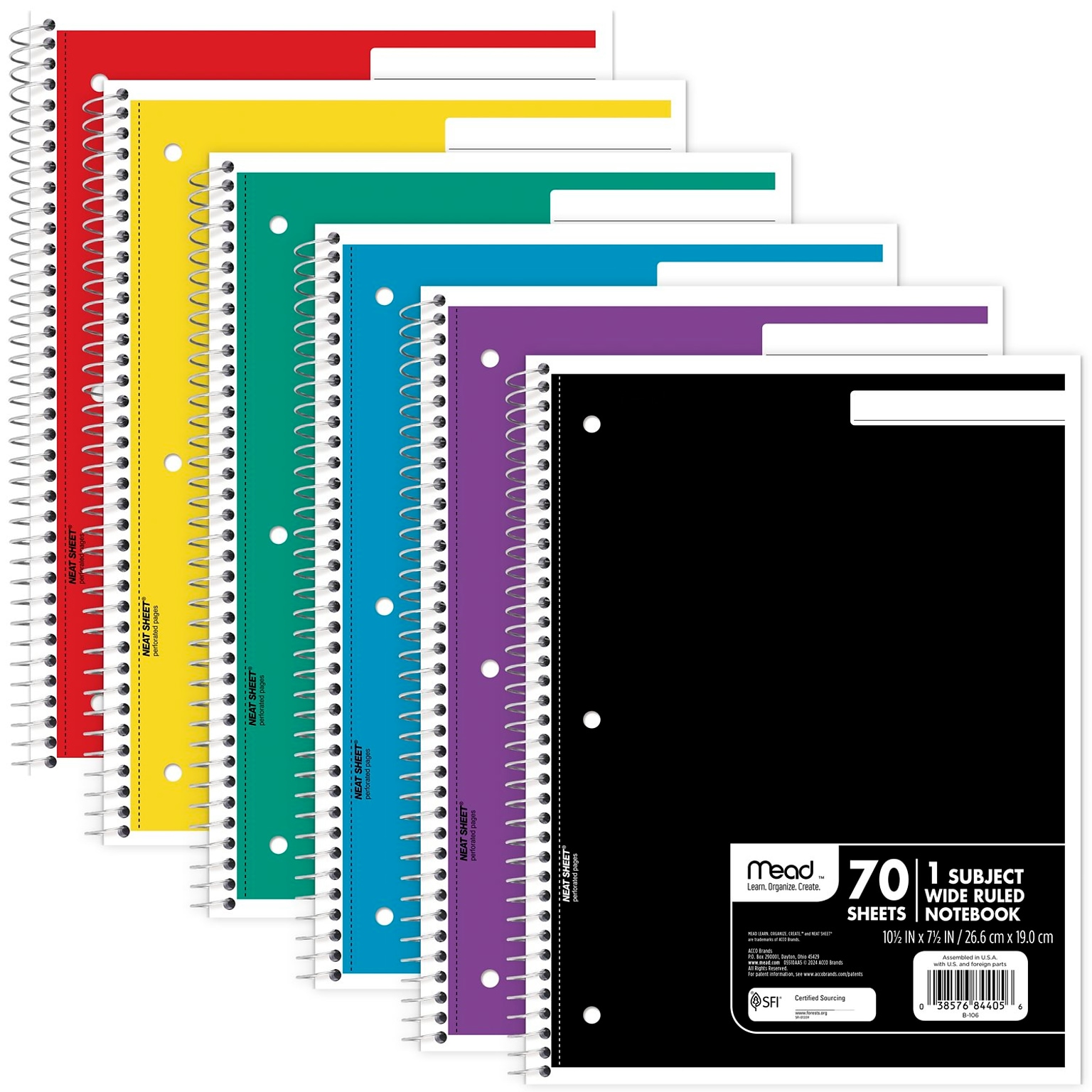 Mead 1-Subject Notebooks, 8 x 10.5, Wide Ruled, 70 Sheets, Assorted Colors (05510)