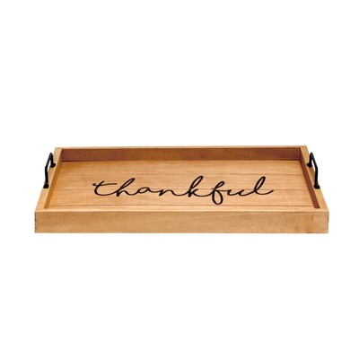 Elegant Designs "Thankful" Decorative Wood Serving Tray w/ Handles, 15.50" x 12", Natural Wood (HG2000-NTF)