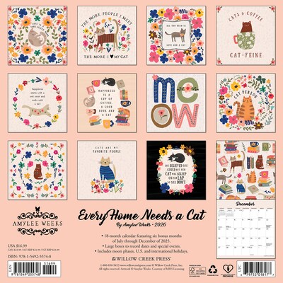 2026 Willow Creek Every Home Needs a Cat 12 x 12 Monthly Wall Calendar (55748)