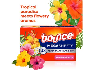 Bounce Mega Dryer Sheets, Paradise Blossom Scent, 130 Sheets/Pack (05151)