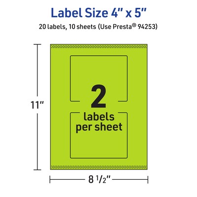 Avery Rectangle Multipurpose Labels, 4" x 5", Bright Green, 20/Pack (94253)