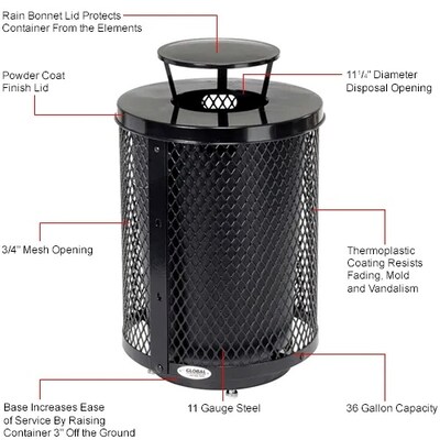 Global Industrial Outdoor Diamond Steel Trash Can w/ Rain Bonnet Lid & Base, 36 Gallon, Black (261926BKD)