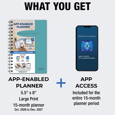 2027 Rocketbook Rocketplanner 6" x 8" Calendar Year Weekly & Monthly Planner, Plastic Cover (RKPL-CY27-5-TL)