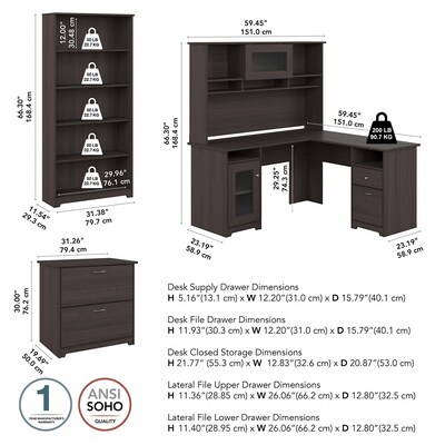 Bush Furniture Cabot 60"W L Shaped Computer Desk with Hutch, File Cabinet and Bookcase, Heather Gray (CAB010HRG)