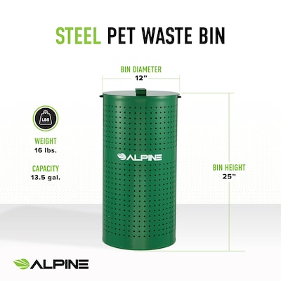 Alpine Industries Steel Pet Waste Disposal Bin with Odor Control Lid, 13.5 Gallon, Green (ALP4005-01)
