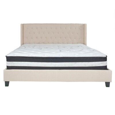 Flash Furniture Riverdale Tufted Upholstered Platform Bed in Beige Fabric with Pocket Spring Mattress, King (HGBM36)