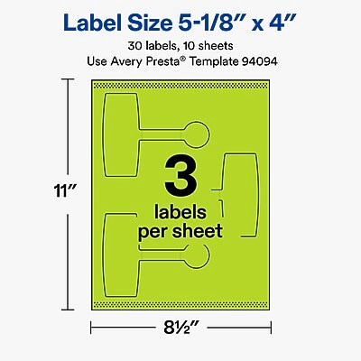 Avery Laser/Inkjet Multipurpose Labels, 5-1/8" x 4", Bright Green, 30 Labels/Pack (19479370712)