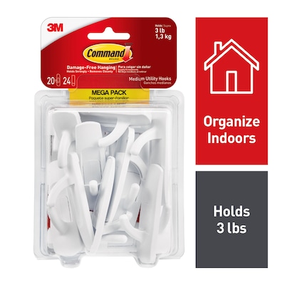 Command Medium Utility Hooks Mega Pack, 3 lb., White, 20/Pack (17001-MPES)