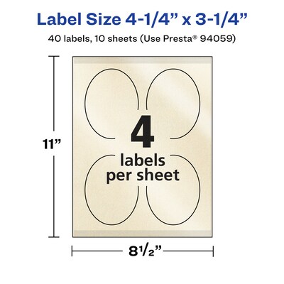 Avery Pearlized Ivory Oval Multipurpose Labels, 4.25" x 3.25", Ivory, 40/Pack (94059)