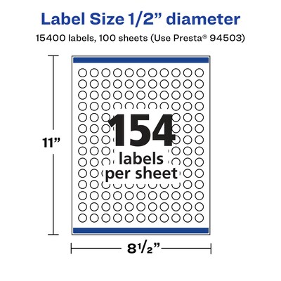 Avery Laser/Inkjet Circle Multipurpose Labels, 0.5"  Dia, Glossy White, 15400/Box (94503)