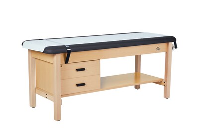 Aristo Wood H-Brace Physician Exam Table with Shelf, 2 Drawer Cabinet, Paper Cutter, Holder, 500lbs. Capacity, Black