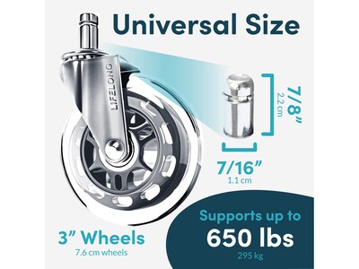 Lifelong Wheels Chair Caster, Clear/Silver, 5/Set (B0B27MGVGP)