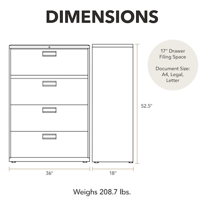 HON Brigade 600 Series 4-Drawer Lateral File Cabinet, Locking, Letter/Legal, Gray, 36W (HON684LQ)