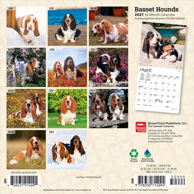2027 BrownTrout Basset Hounds 7 x 7 Monthly Wall Calendar, Assorted Colors (9798330714094)