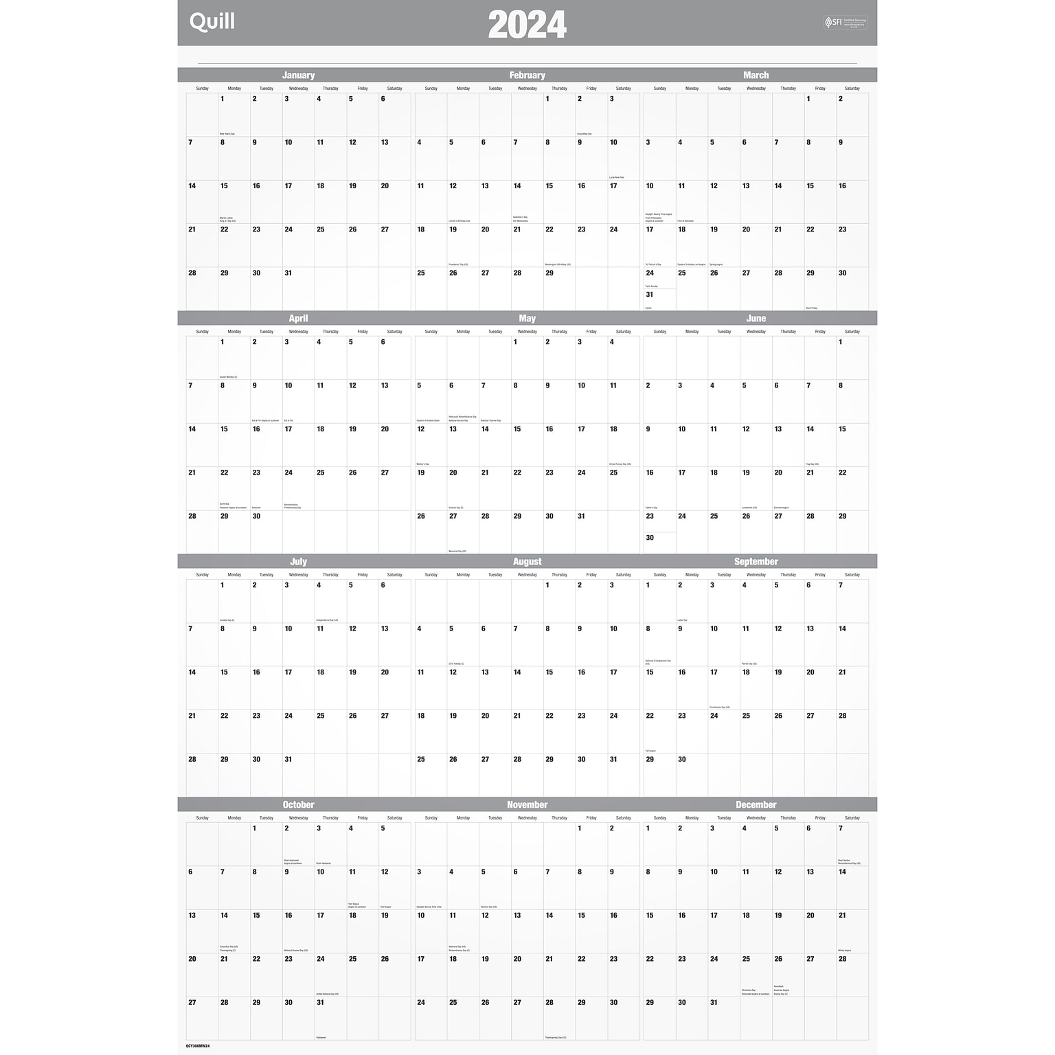 2024 Quill Brand® 24" x 36" Monthly Dry Erase Wall Calendar, Reversible