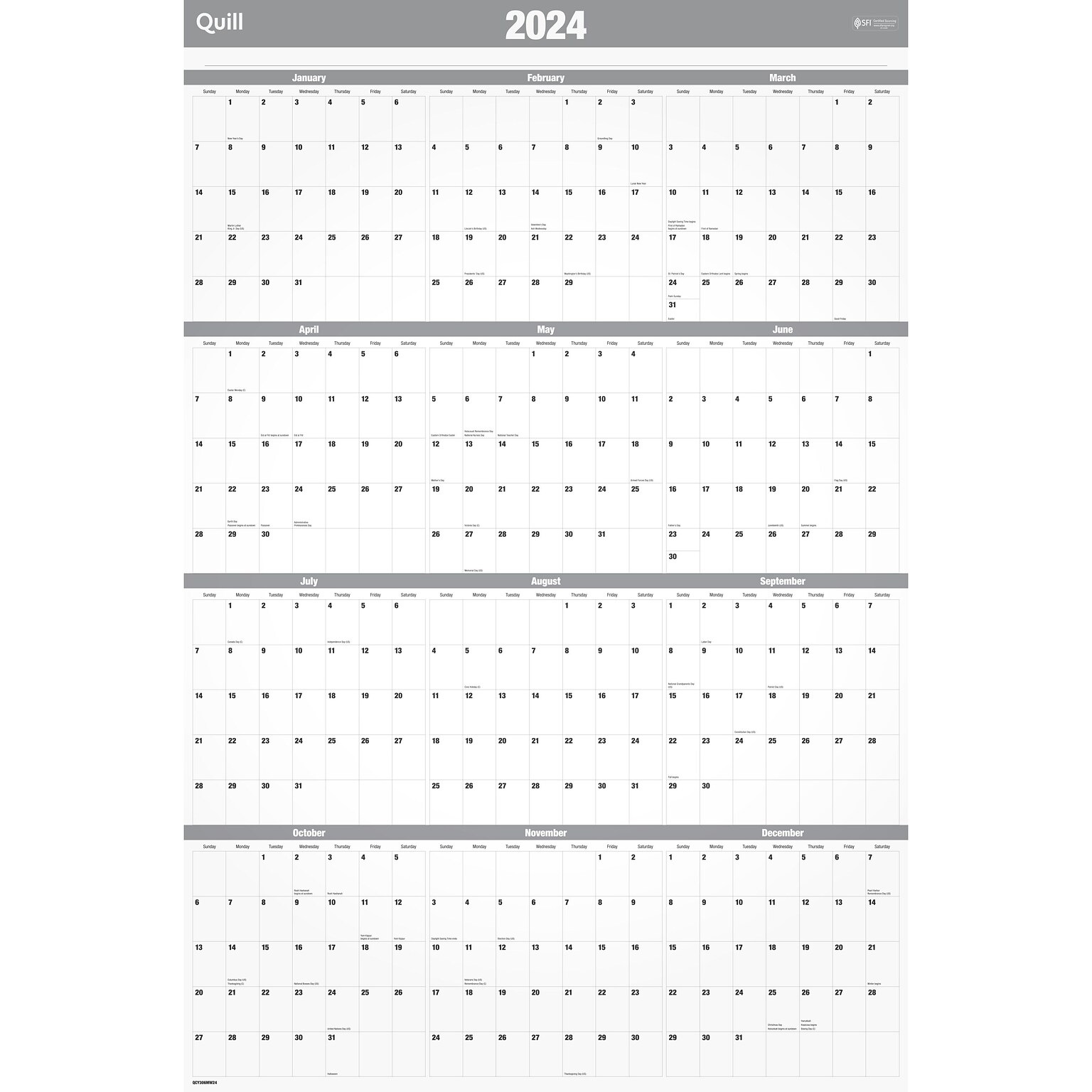 2024 Quill Brand® 24" x 36" Monthly Dry Erase Wall Calendar, Reversible