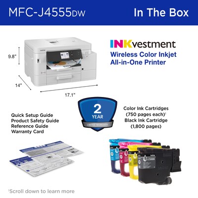 Brother INKvestment MFC-J4555DW Wireless Color All-In-One Inkjet Printer, Best for Home Office