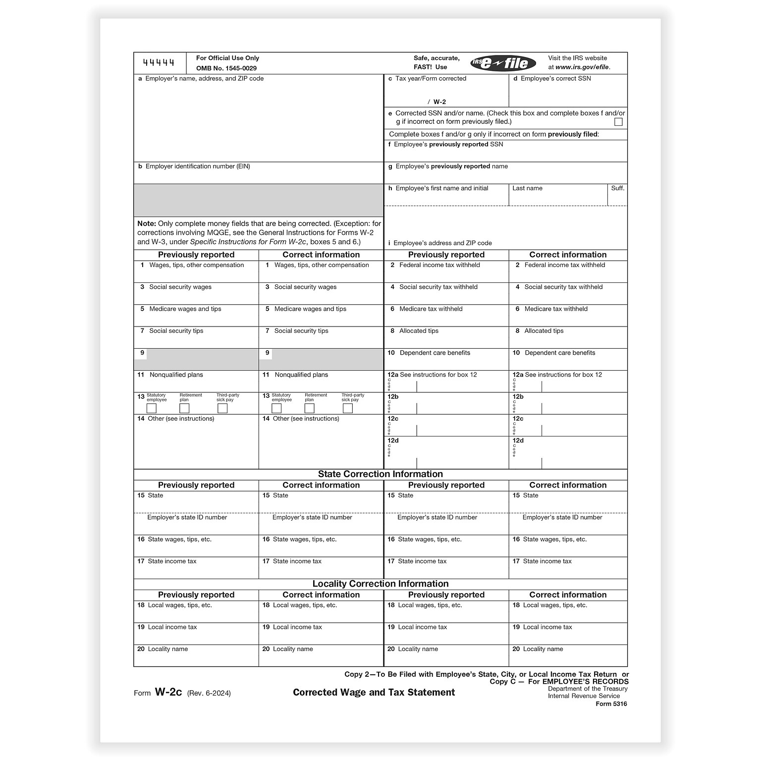 ComplyRight 2024 W-2C Tax Form, 1-Part, Copy 2/C, 50/Pack (531650)