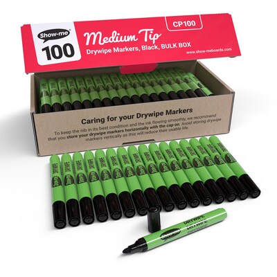 Show-me Slim Barrel Dry Erase Markers, Medium Tip, Black, 100/Pack (EPTCP100)
