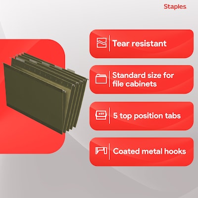 Staples Hanging File Folder, 1/5-Cut Tab, Letter Size, Standard Green, 50/Box (ST266262-CC)