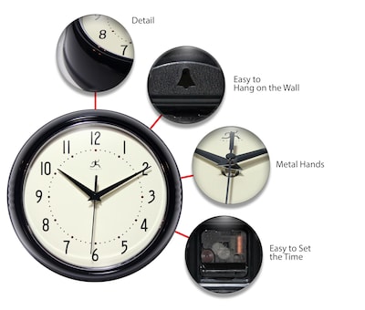 Infinity Instruments Round Retro Wall Clock, Aluminum, 9.5" (10940-BLACK)