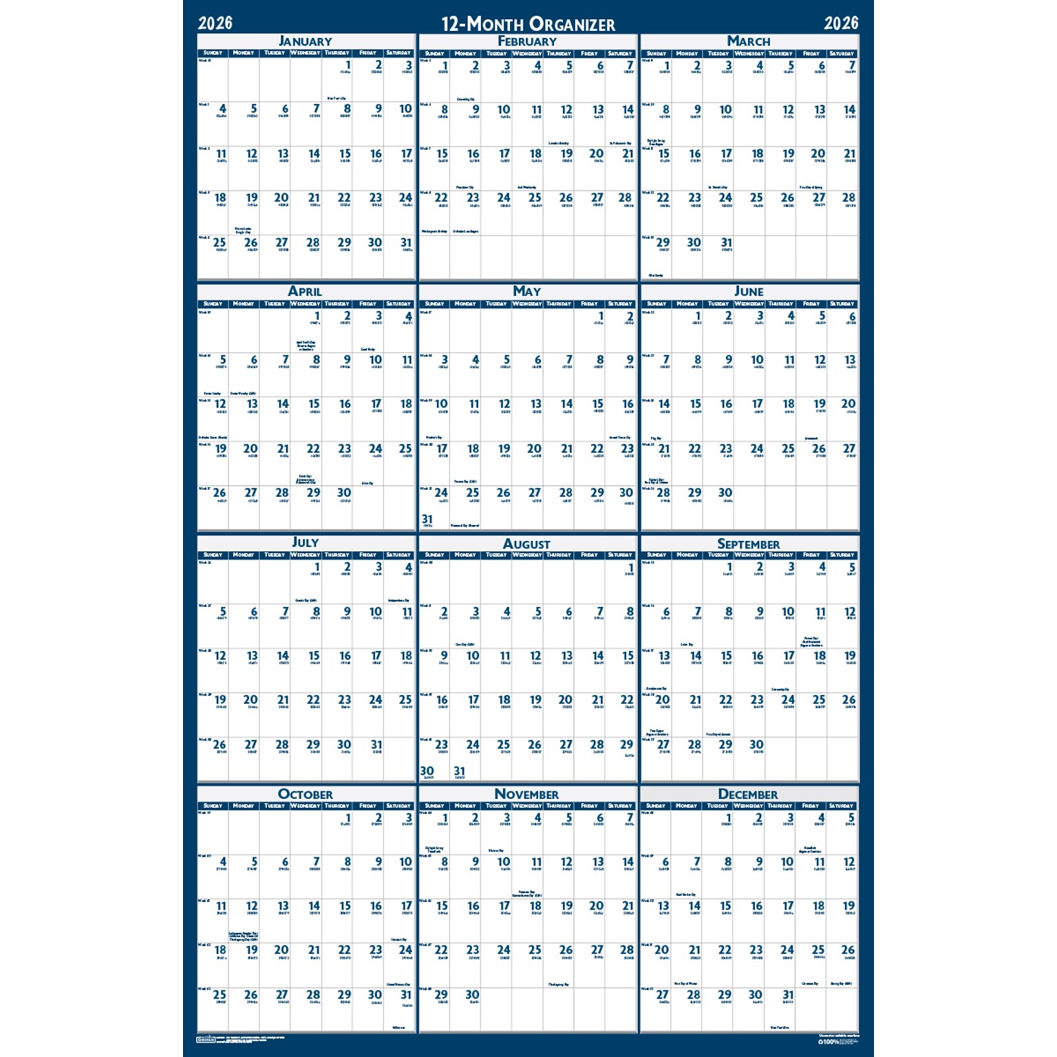 2026 House of Doolittle 48 x 32 Yearly Dry Erase Wall Calendar, Reversible, Blue (3961-26)