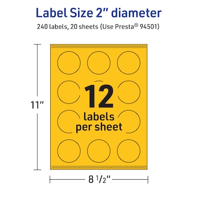 Avery Laser/Inkjet Round Multipurpose Labels, 2" Dia., Bright Yellow, 240/Pack (94501)