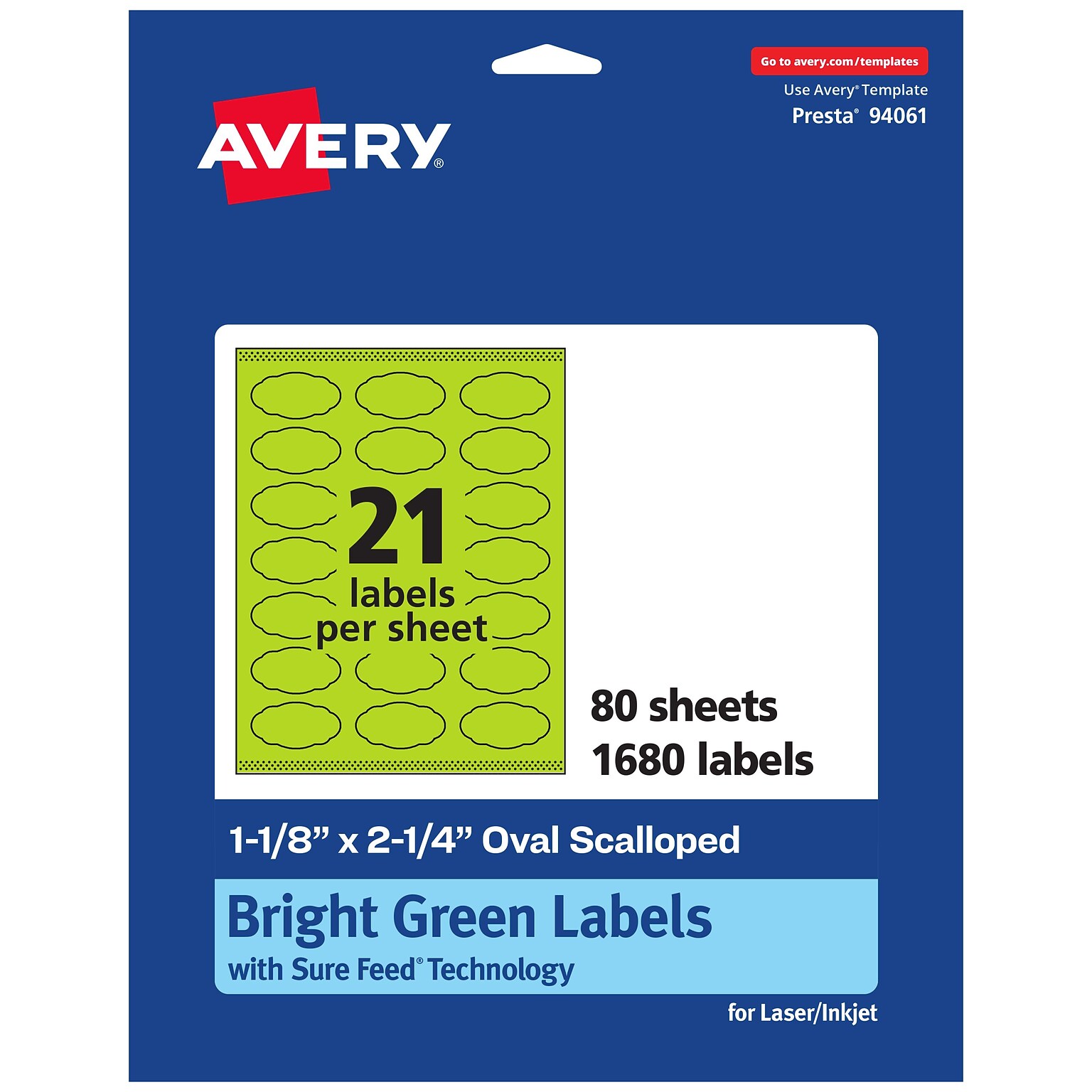 Avery Scalloped Decorative Edge Multipurpose Labels, 1-1/8 x 2-1/4, Bright Green, 1680/Box (94061)