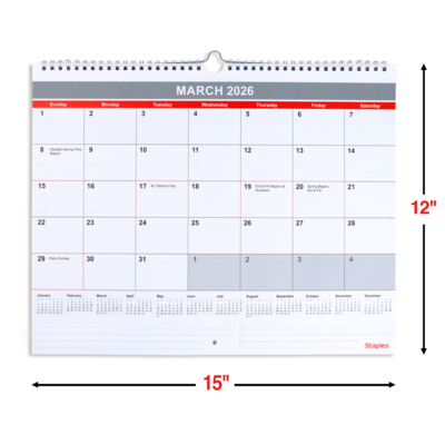 2026 Staples 15" x 12" Monthly Wall Calendar, White/Red/Gray (ST52080-26)