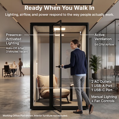 Uncaged Ergonomics Modular Acoustic Office Pod with Ventilation, Lighting and Power, Working, Black (POD-W-black)